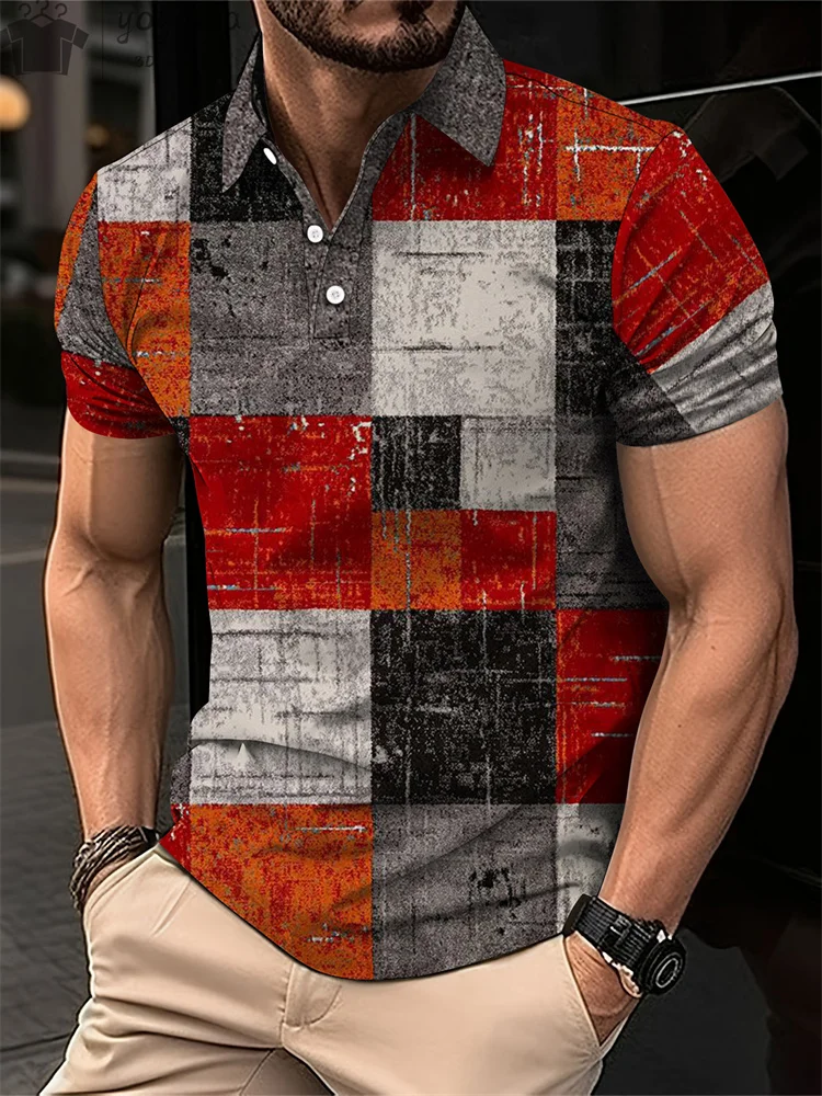 

Vintage Color Block Patchwork Graphic 3D Print Shirts Men's Vintage Fashion Short Sleeve Tee Simple Prints Mens Polo Shirts