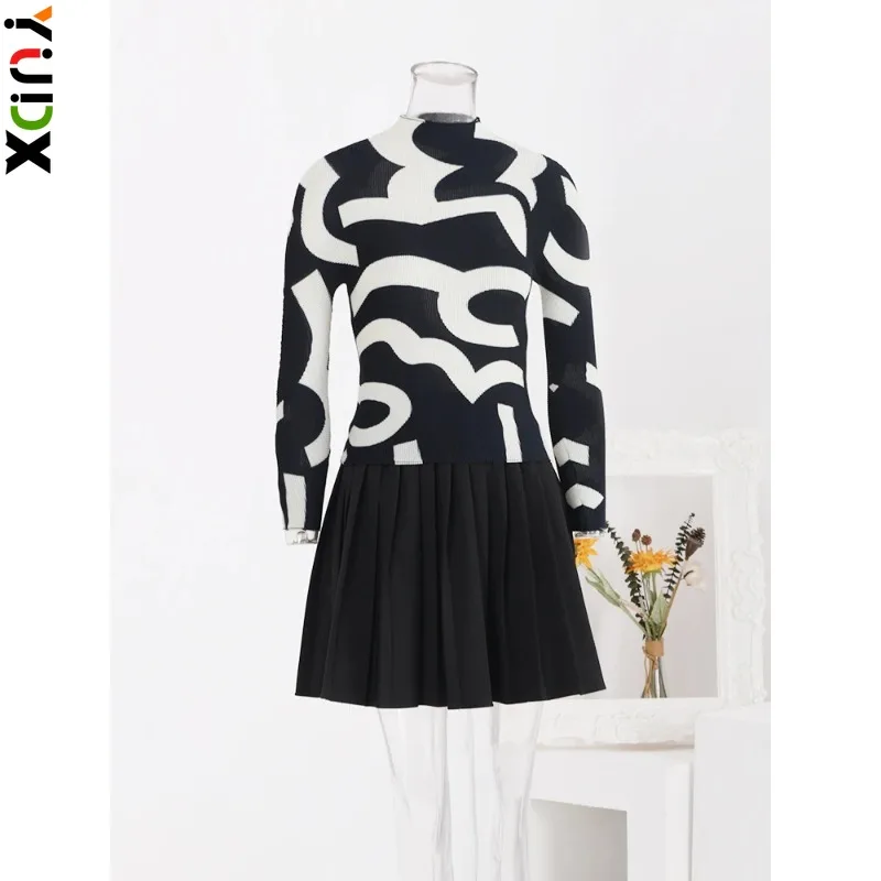 

YUDX Miyake Streetwear Print Design Pleated T-shirt Women Long Sleeves Slim Contrast Color Tops Fashion 2024 Spring New