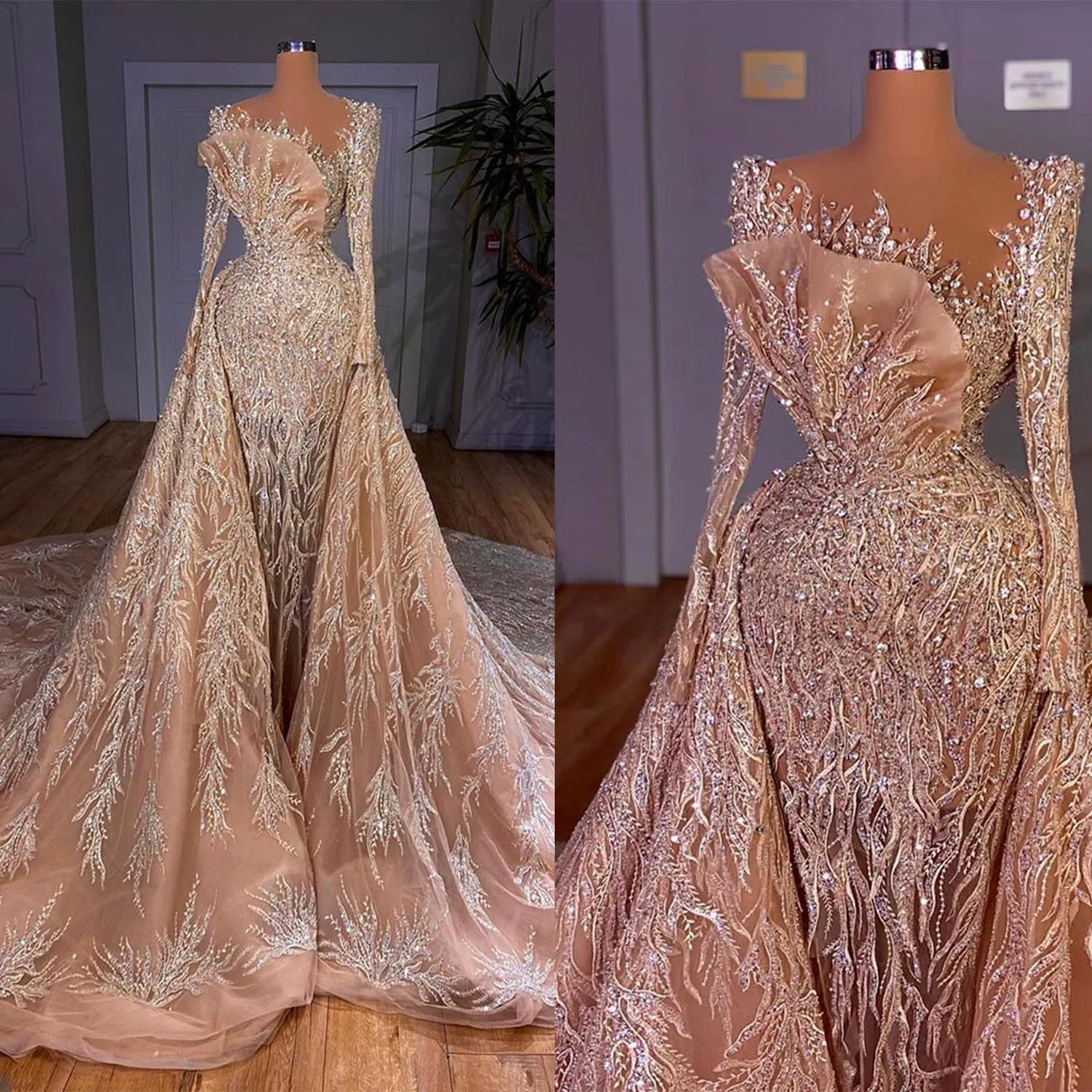 

Luxurious Beading Evening Dresses Saudi Arabia Full Sleeve Lace Formal Dress For Women Prom Gowns Celebrity Robe De Soiree