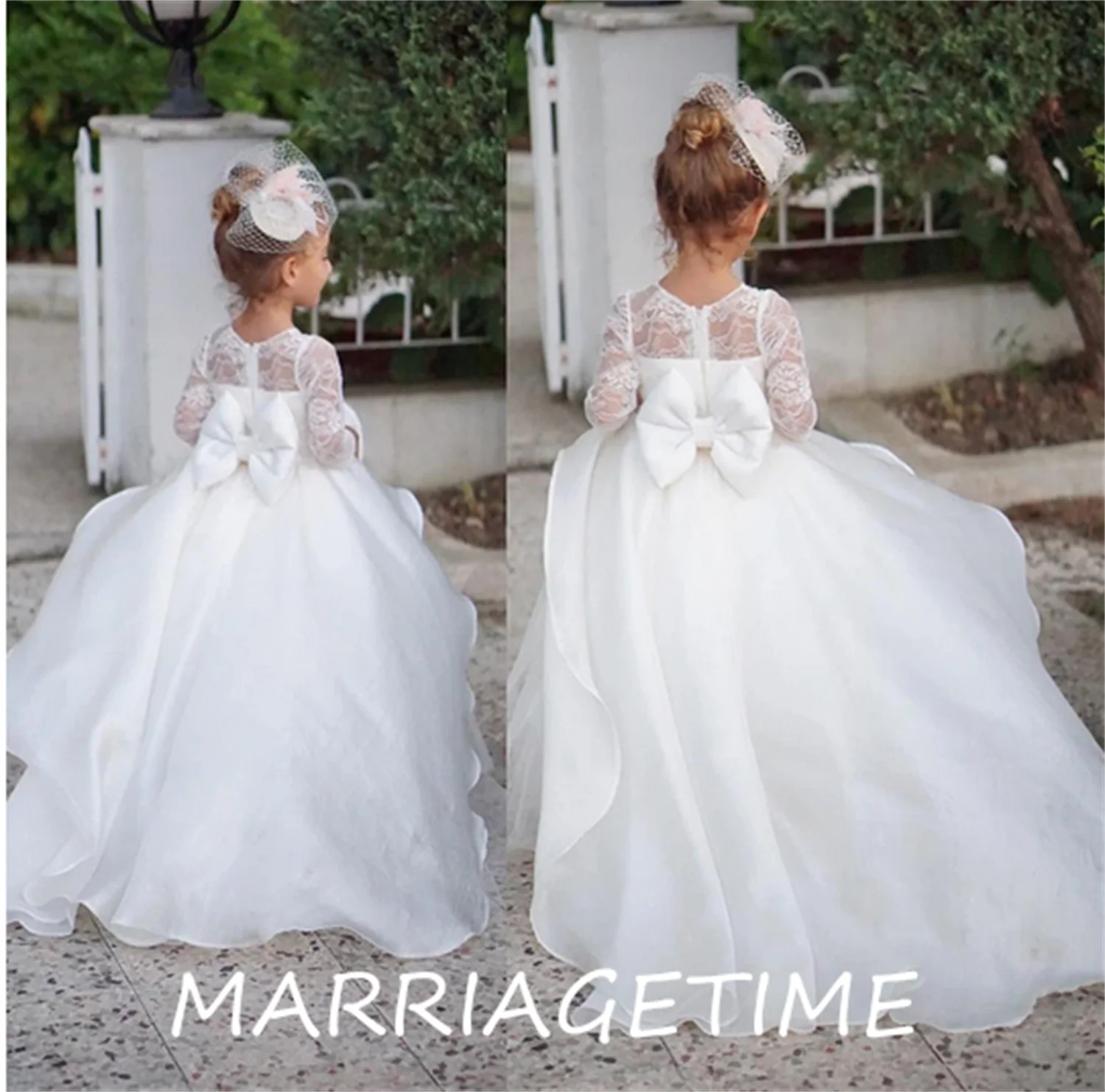 

Ball Gown Puffy First Communion Dresses Long Sleeves Lace Flower Girl Dresses Satin Bow Princess Wedding Party Dress