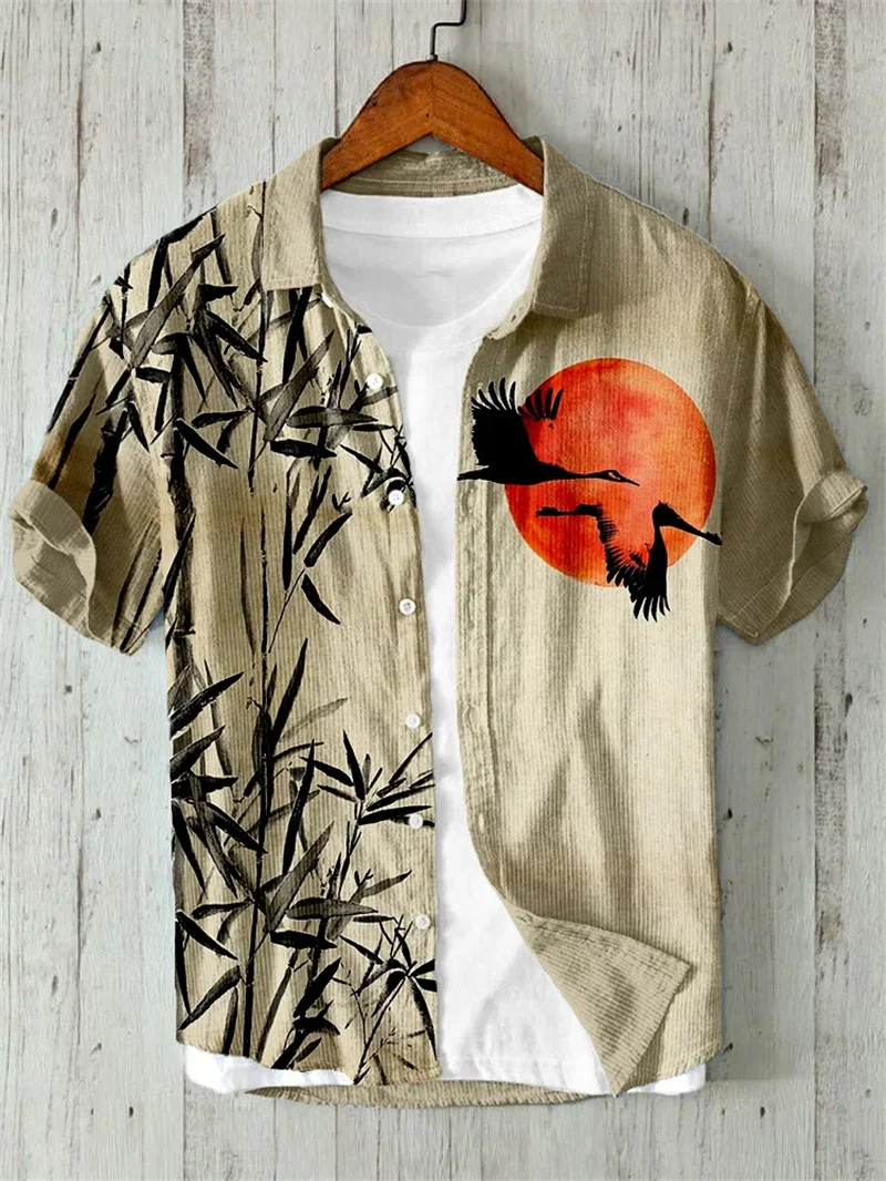 Koi Art Printed Linen Blended V-neck Men's Fashion Shirt 2