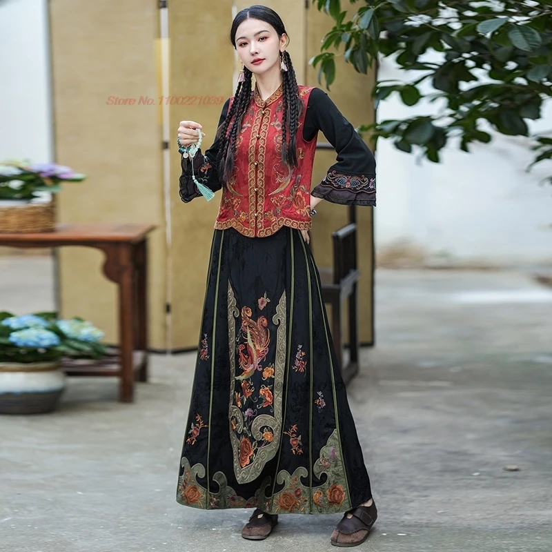 chinese satin jacquard skirt national flower embroidery ethnic skirt oriental improved a-line elastic waist folk