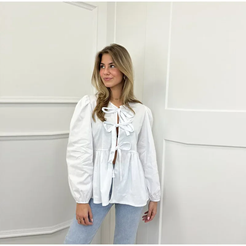 Sa12f8c3b5b344593a5baab02f2a20ae7u Fashion Leopard Print Bow Women Shirts Casual Long Sleeve O-neck Lace Up Blouses Spring Summer Retro Hollow Out Female Top Mallzona