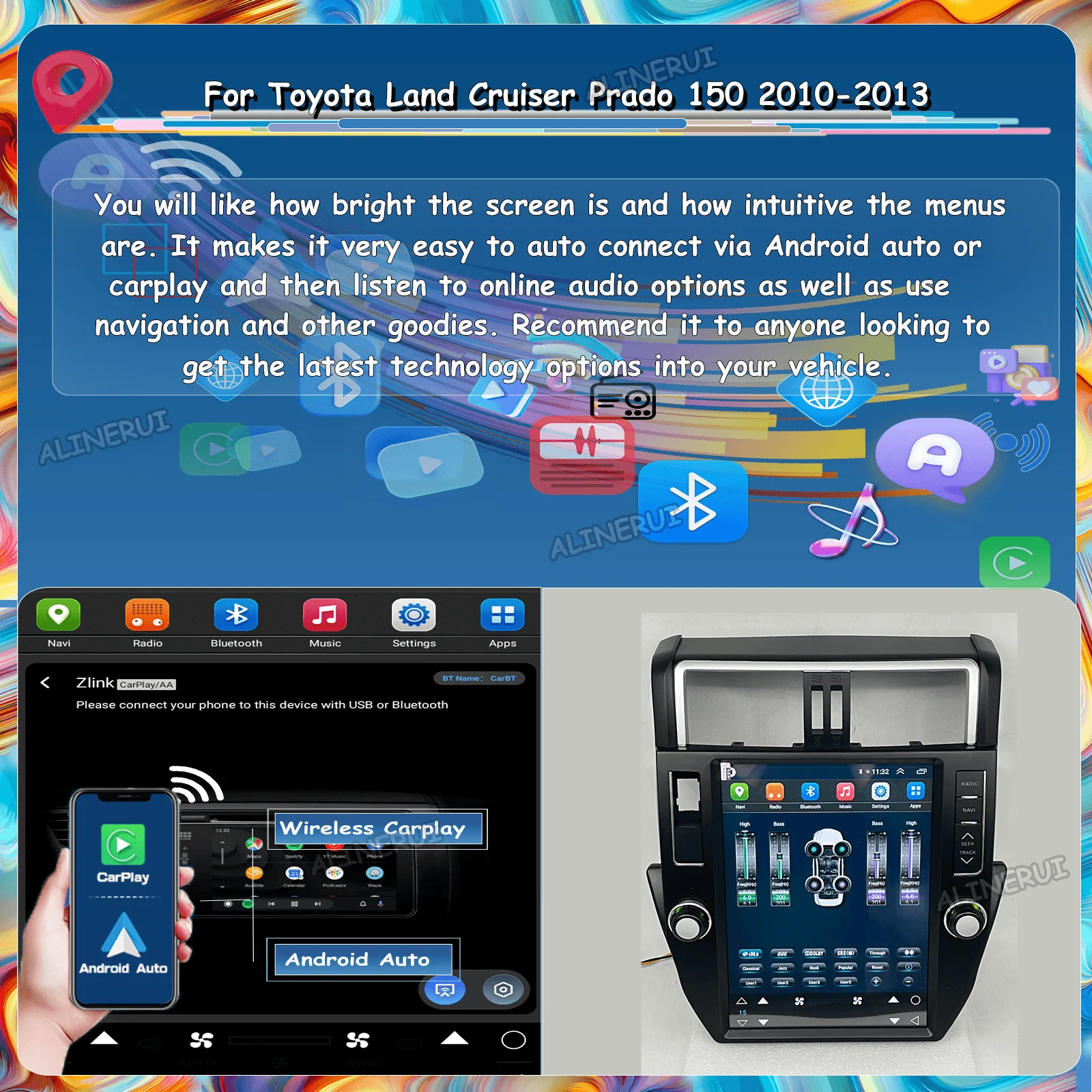 

Автомобильный беспроводной Carplay Android экран для Toyota Land Cruiser Prado 150 2010-2013 Bluetooth радио центральный мультимедийный плеер 1 Din