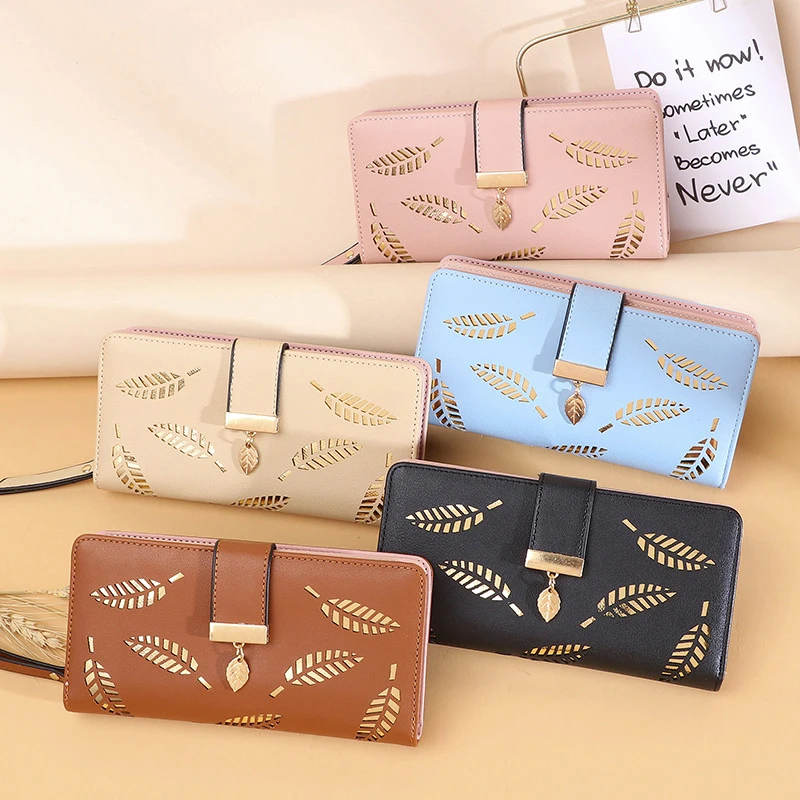

Fashion PU Leather Wallet Purse Women Long Wallet Gold Hollow Leaves Pouch Handbag For Women Coin Purse Card Holders Clutch
