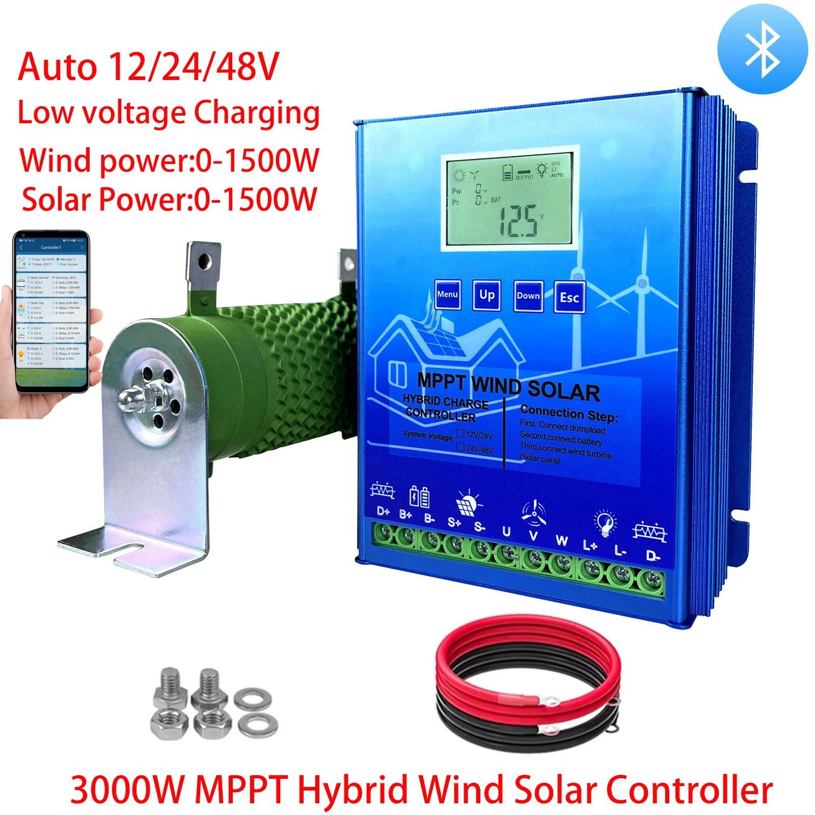 3000WMPPTHybridSolarWindChargeController12V24V48VPVWind