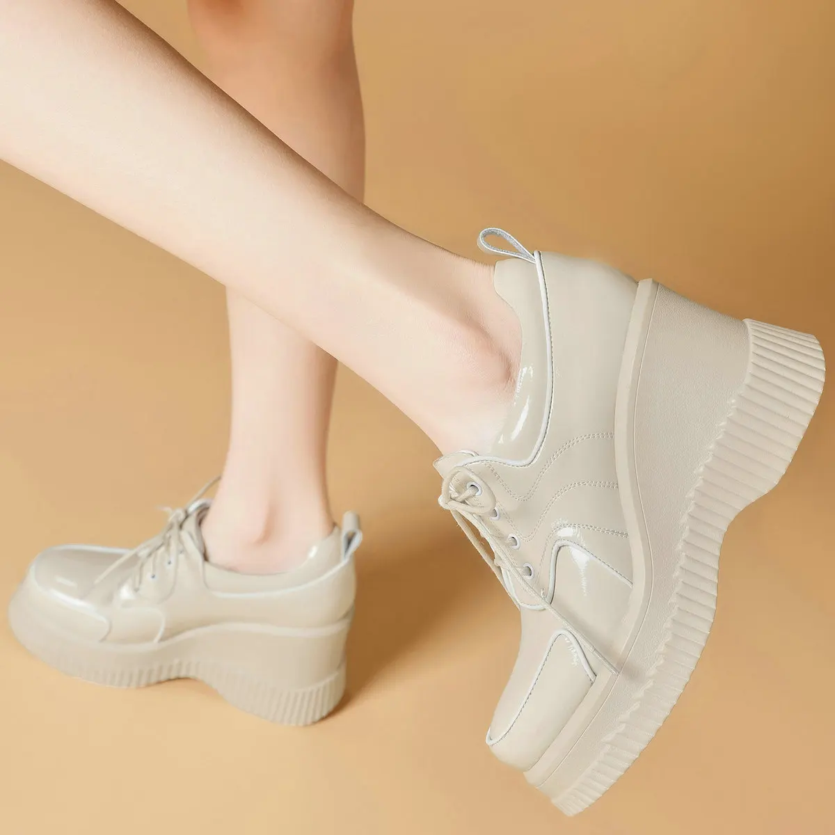 Platform Pumps Shoes Women Genuine Leather Wedges High Heel Ankle Boots Female Lace Up Round Toe Fashion Sneakers Casual Shoes