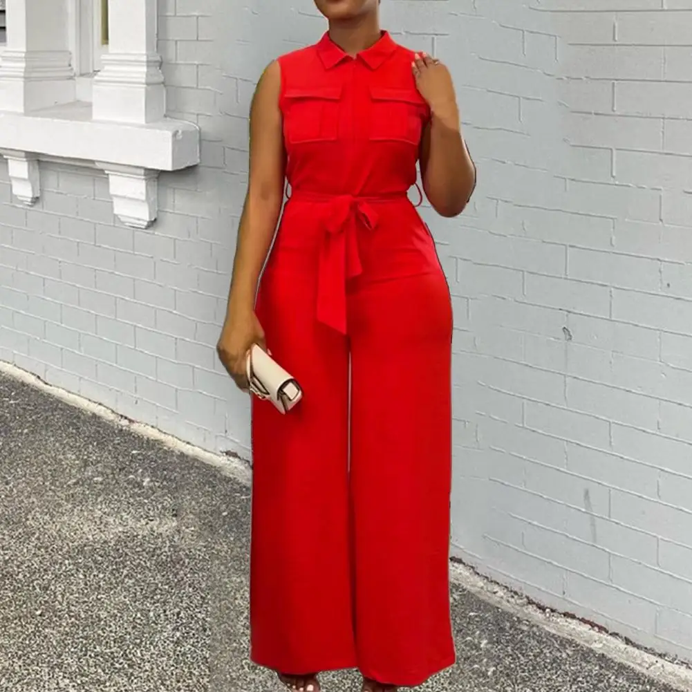 Lace-up Waist Jumpsuit Elegant Wide Leg Jumpsuit with Front Zipper Closure Belted High Waist Formal Business Style for Women
