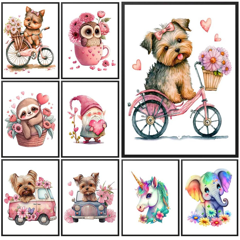 

Cartoon Dog Bicycle Flower Nursery Elephant Poster Wall Art Canvas Painting Home Decor Wall Pictures For Living Room Unframed