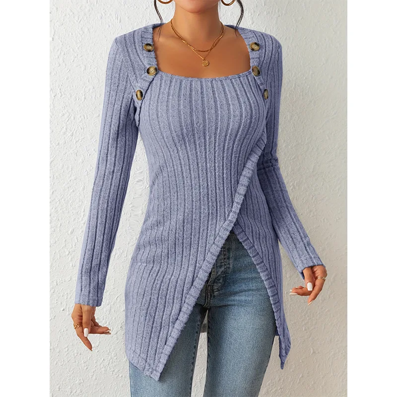 

Autumn and winter square neckline exposed collarbone high slit knit sweater sexy and slim long sleeved pullover for ladies