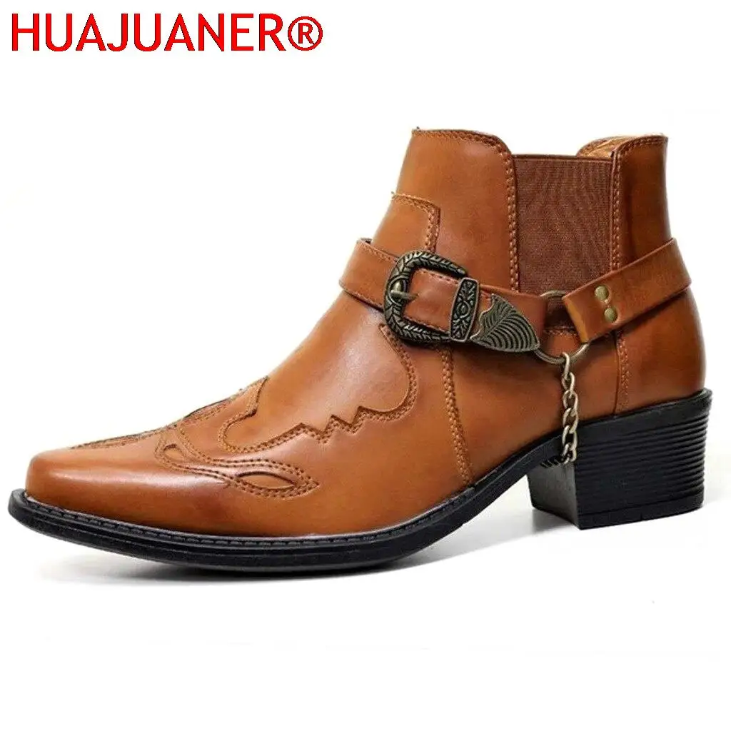 

HUAJUANER Plus Size Autumn Winter Men's Genuine Leather Short Boots Personality Belt Buckle Thick Heel Pointed Ankle Boots
