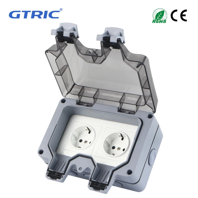 เต้ารับไฟฟ้ากันน้ำสำหรับภายนอกอาคาร GTRIC มาตรฐาน EU FR UK US ปลั๊กไฟ 250V 16A IP66 ป้องกันฝุ่นและสภาพอากาศ ปลั๊กคู่สำหรับภายนอกอาคาร 1