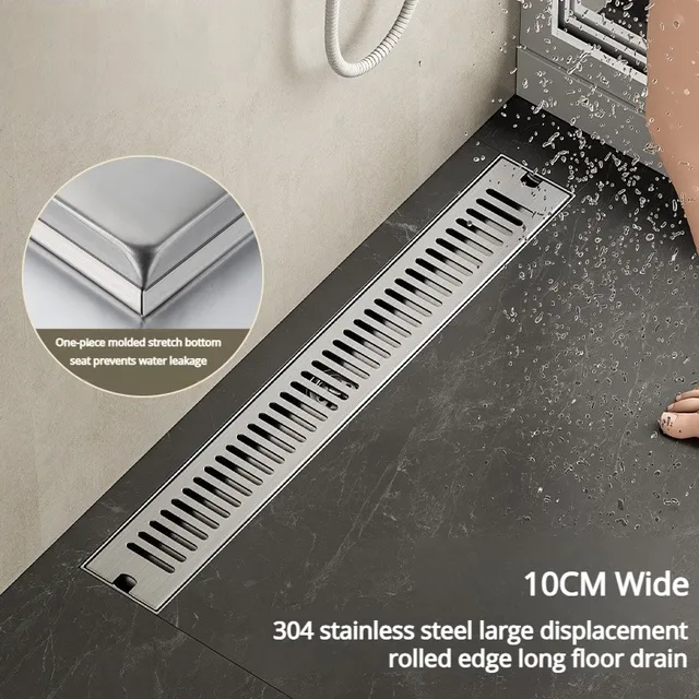 ท่อระบายน้ำพื้นห้องอาบน้ำแบบม้วนขอบ รูปทรงสี่เหลี่ยมผืนผ้า กว้าง 10 ซม. ป้องกันกลิ่น ผลิตจากสแตนเลส SUS304 1