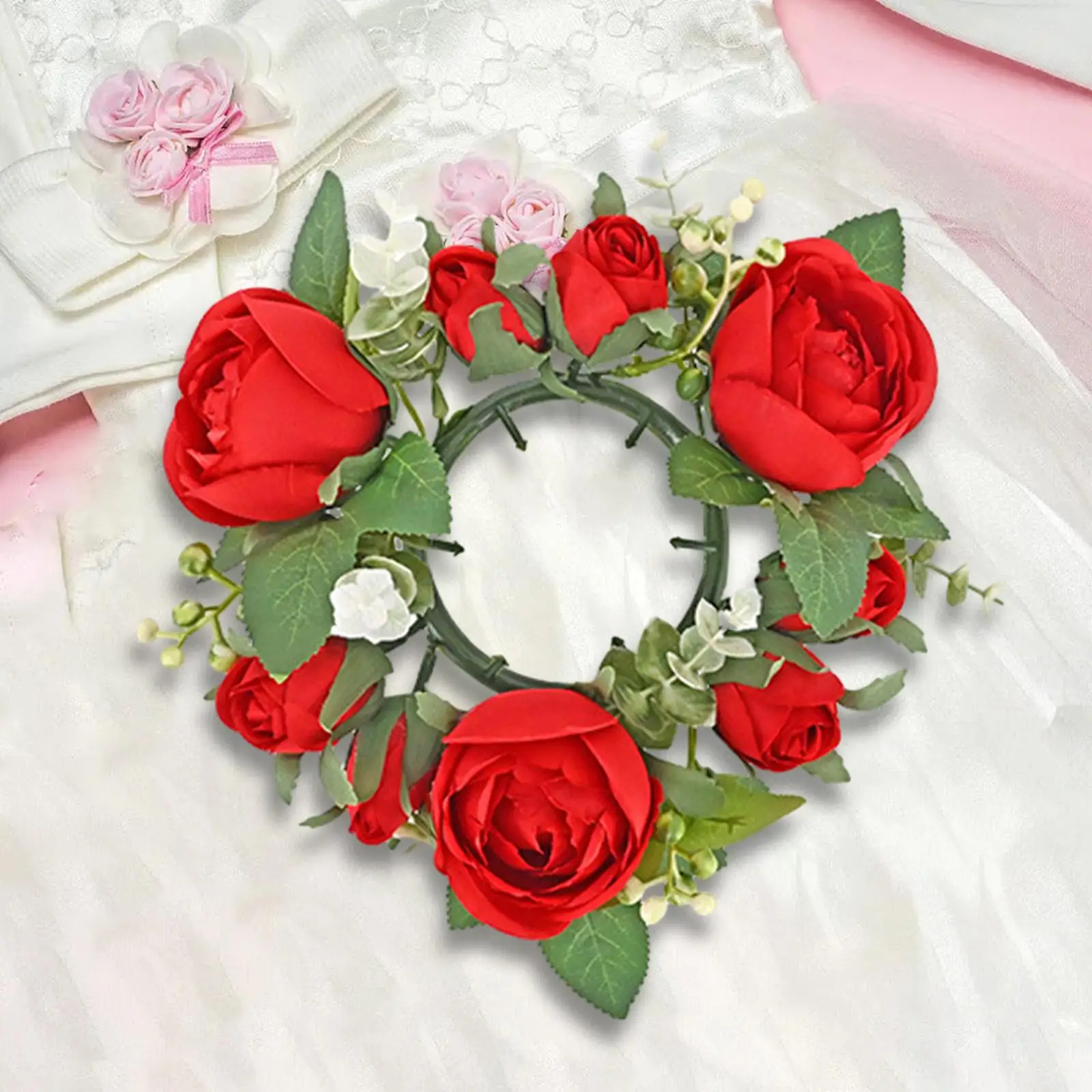 Pillar Candle Ring Artificial Wreath Rose Garland Pillar Candleholder for Thanksgiving Table Festival Halloween Living Room