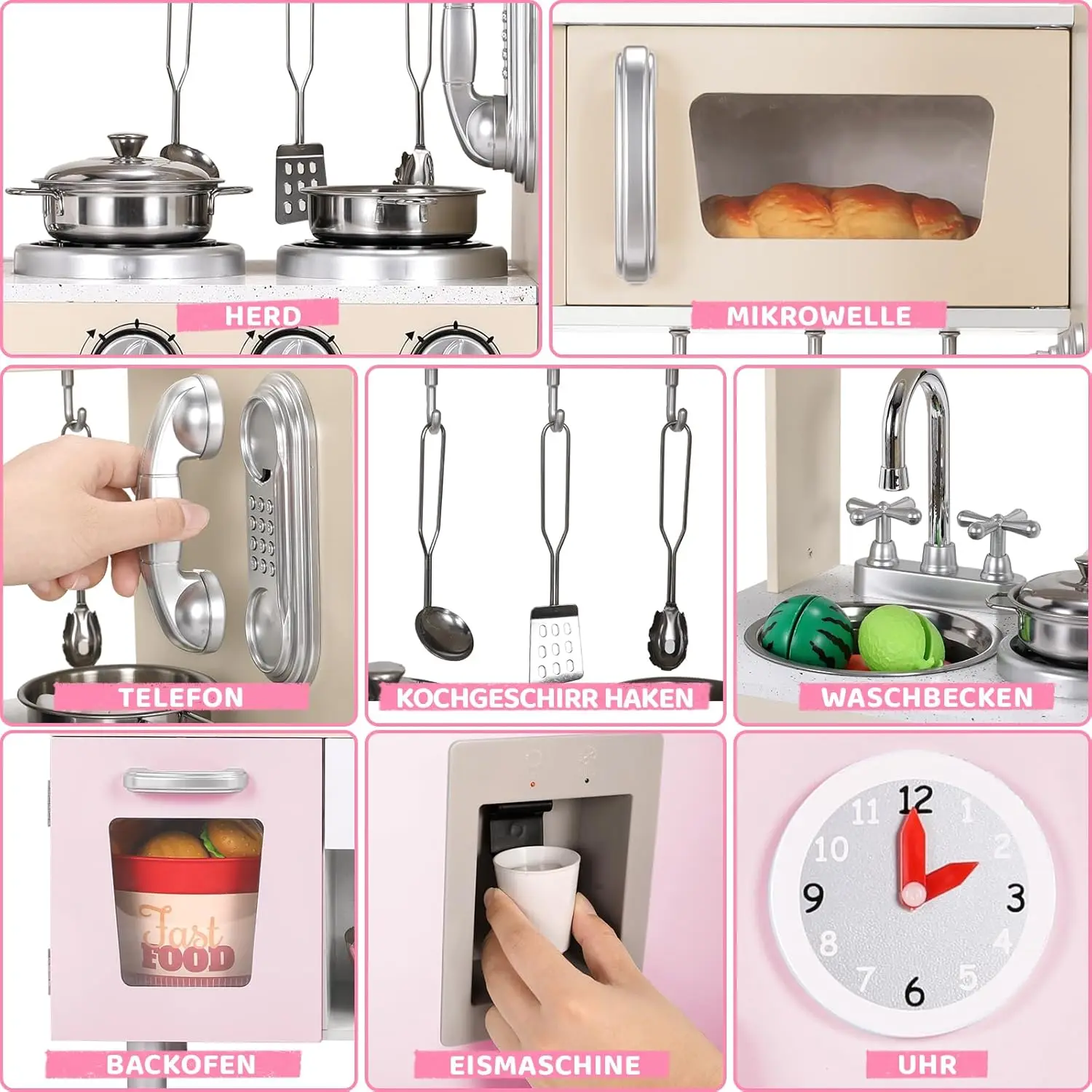 Wooden Play Kitchen Set Pretend Play Kitchen with Lights and Sounds for Kids Ages 3+, Includes Stove Oven Microwave Coffee Maker 6