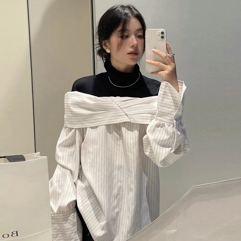 

SuperAen Korean Style Autumn New Contrast Color Patchwork Turtleneck Stripe Design Loose Fashion Long-sleeved Shirt