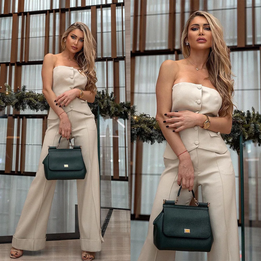 

Sexy Strapless Women Suit Set 2 Pieces Custom Made Blazer+Flare Pant Designer Hot Girl Streetwear Evening Party Prom Dress