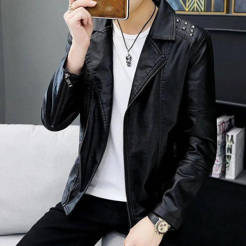 2023 Autumn Winter New Men Fashion Lapel Casual PU Leather Coat Men Loose Large Size Fleece-Lined Slim Fit Biker Leather Jacket