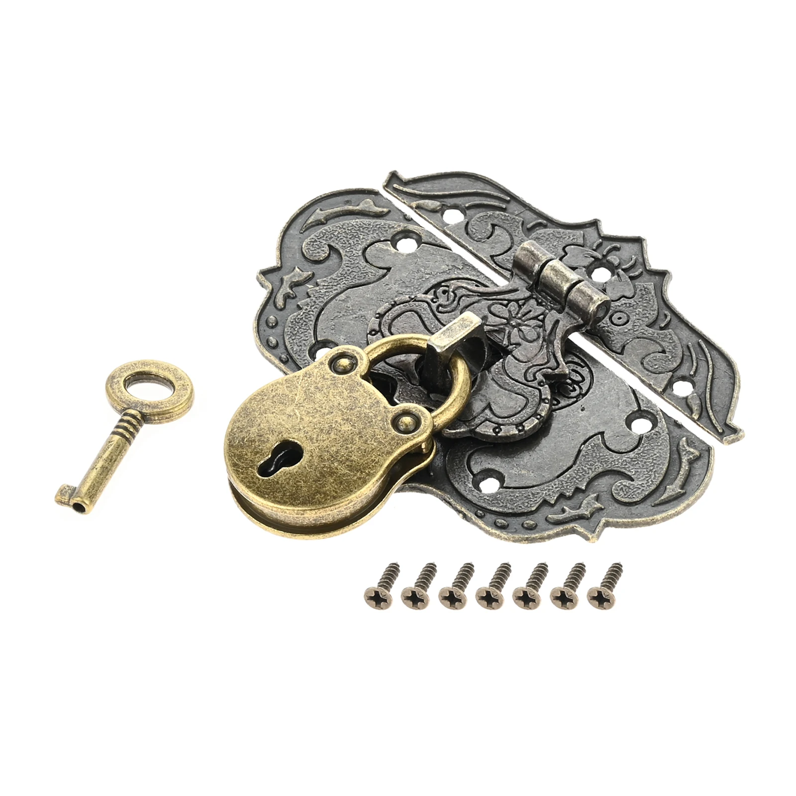Antique Bronze Decorative Brass Hasp Clasp Latch and Padlock with Key and Screws for Jewelry Box Wooden Case Furniture Hardware