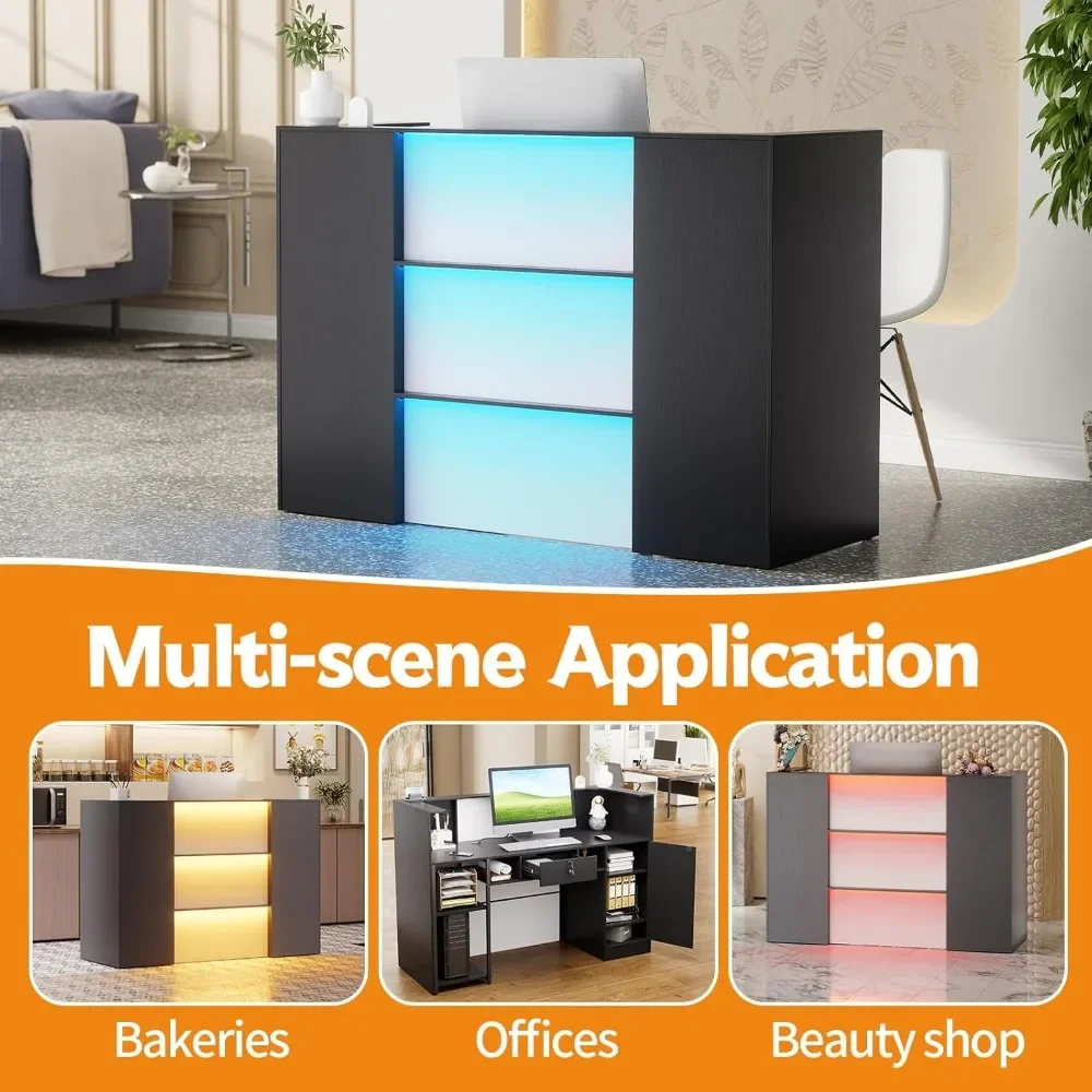 Modern Reception Desk with LED Lights, 63 Inches Front Counter Table with Lockable Drawer & Shelves, Checkout Counter 6