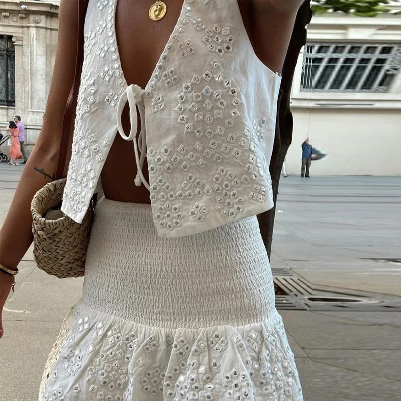 Conjunto de 2 piezas de faldas de moda para mujer, con abalorios, encaje, chaleco corto, cintura alta, falda plisada, traje 2025, nuevo conjunto a juego para mujer.