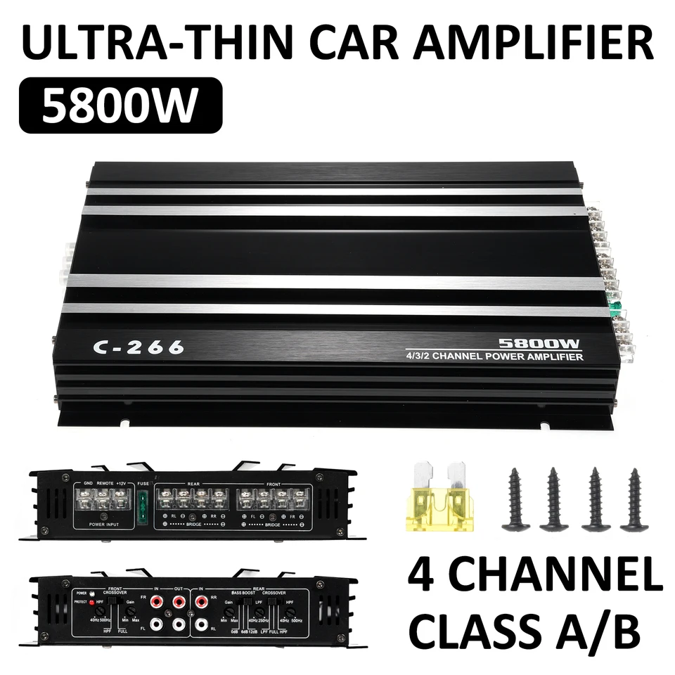 Asyduey Amplificatore Audio Auto 4 Canali – 5800W Potenza, Design Ultrasottile, Classe A/B – Perfetto Per Migliorare Il Suono In Macchina