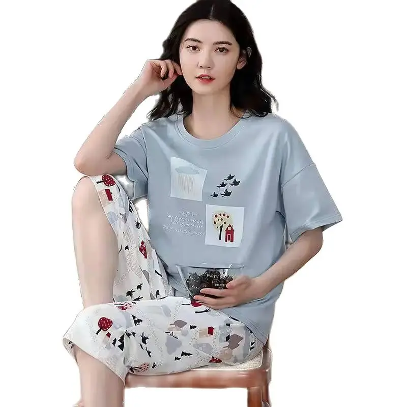 Summer New Girls Short-Sleeved 7 Pants Set Korean Version of the Thin Section of the United States Girls Casual Printing Pajamas