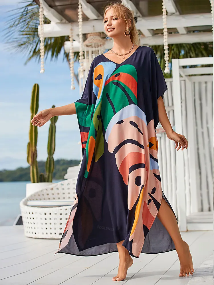 2024 boho Nyomtatott Kaftán Födémgerenda Öltözet Nők Vmint méret v-neck batwing Ingujj beachwear cover-ups maxi ruhát Bor színe Maláj szoknya Q1476