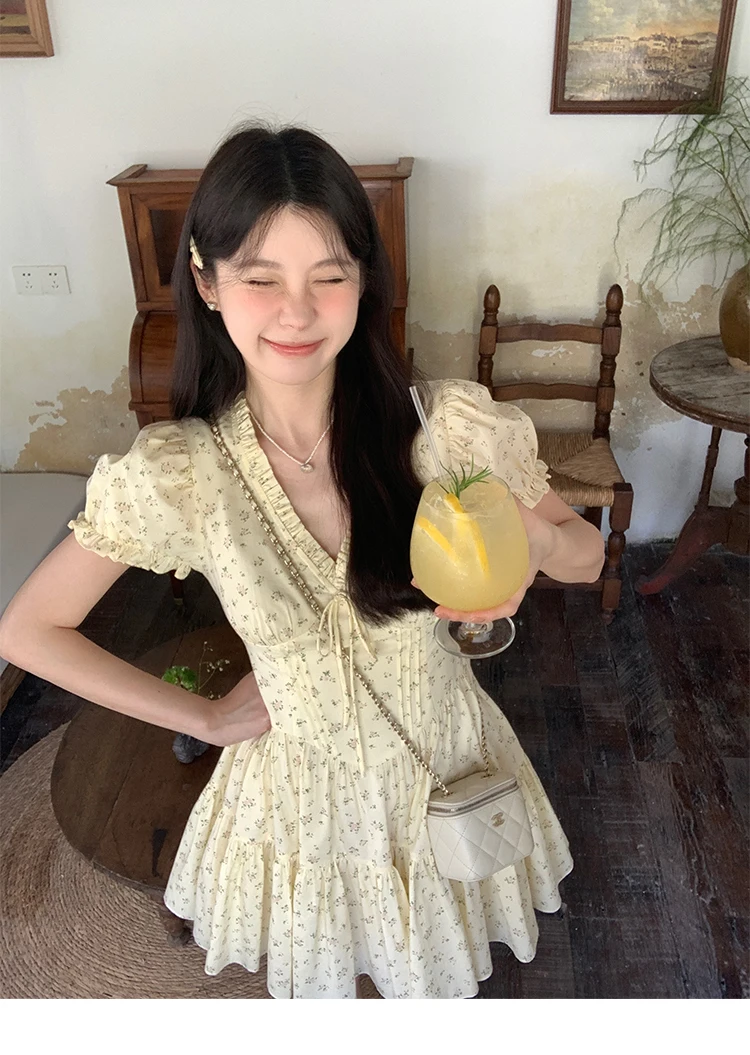 French Floral Printed Short Dresses for Women Y2K V-neck High Waist Birthday Party Dress Korean Chic Prom A-line Summer Vestidos