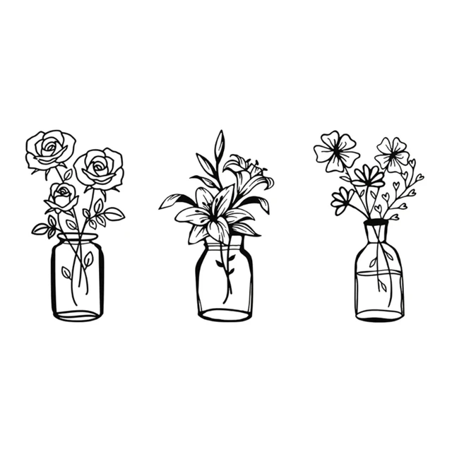 3Db Virág Váza Fém Fali Dekoráció Fekete Vas Szobor Hálószobához