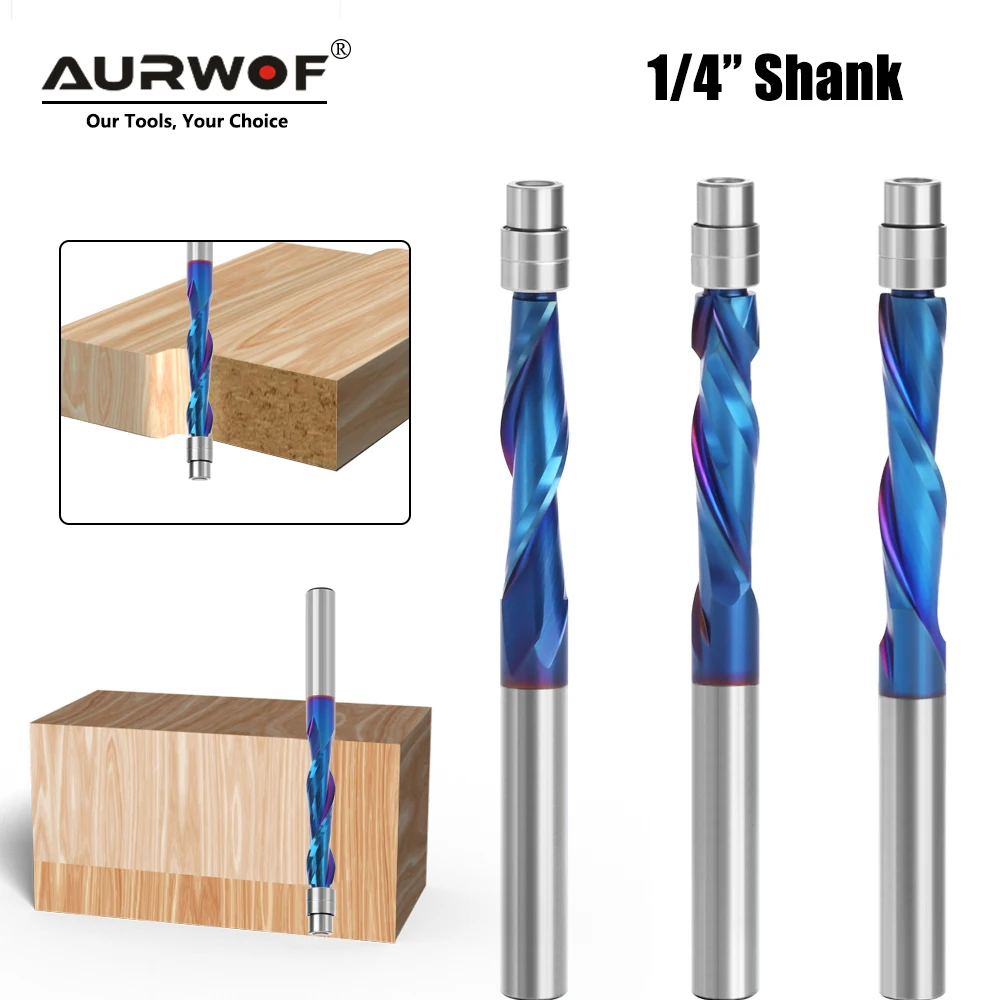 Aurwof 6,35mm Schaft Voll hartmetall lager geführt zwei Flöten bündig Trimm fräser Holz bearbeitungs fräser Schaft fräser z07a07297