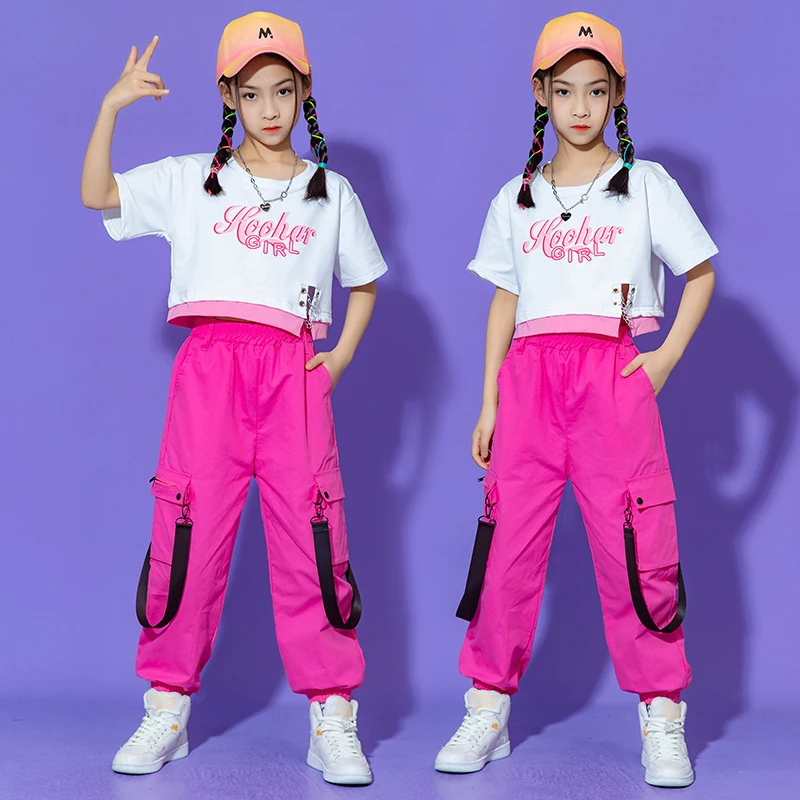 

Kids Recital Outfits Hip Hop Clothing Crop Tank T Shirt Tops Pink Cargo Pants For Girls Ballroom Jazz Dance Costume Set Clothes