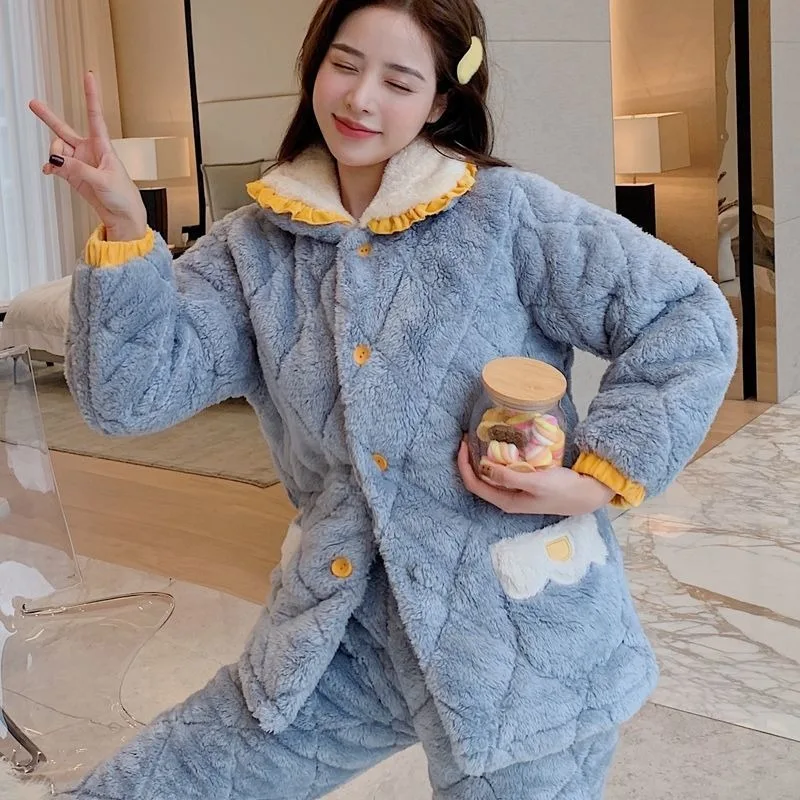 2023 Three-layer Coral Velvet Padded Pajamas Women Autumn Winter Velvet Extra-thick Flannel Homewear Long Sleeve Plus Size Suit