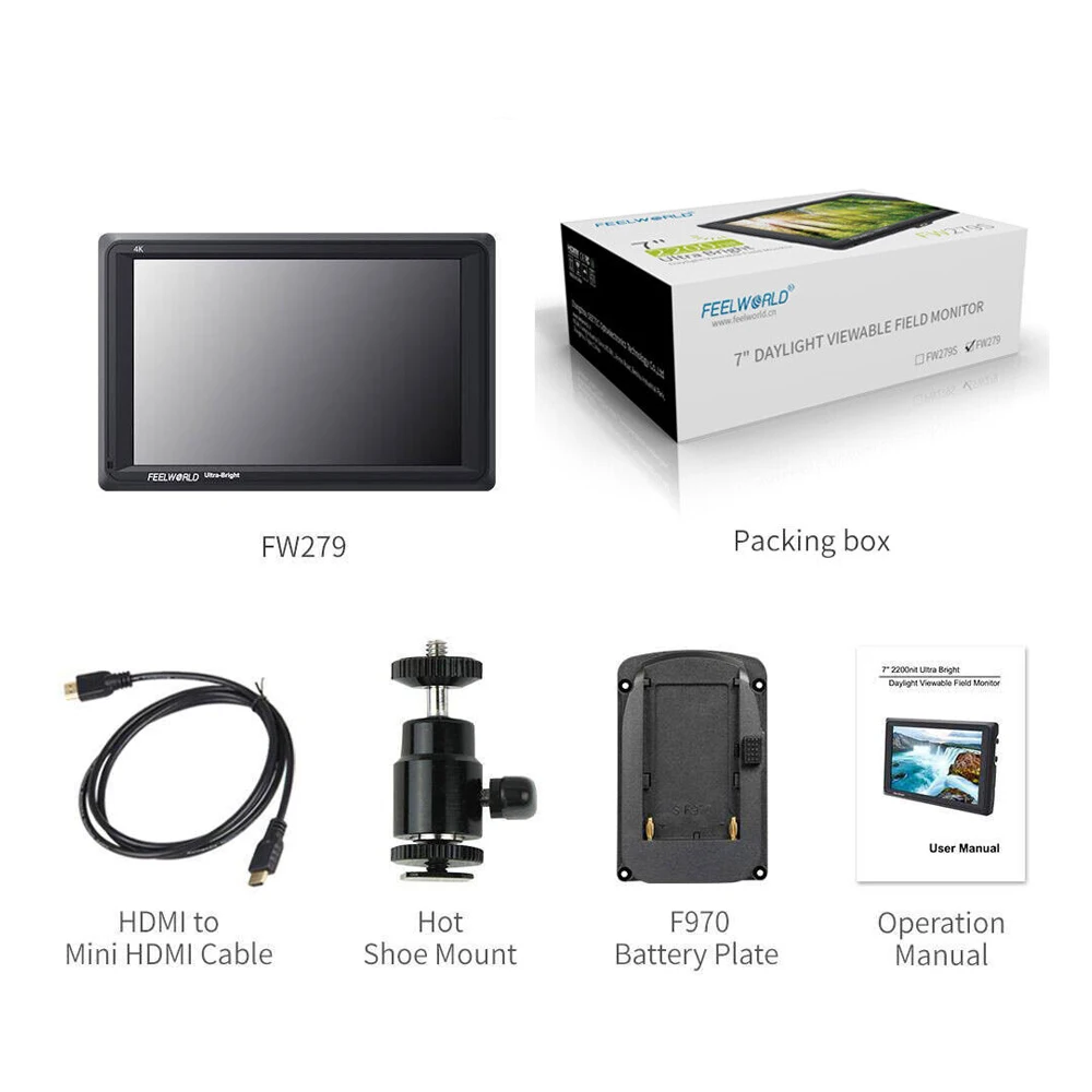 Feelworld FW279 4K 7in Ultra Bright 2200nit Camera Field Video Monitor 4K HDMI Full HD 1920x1200 LCD IPS High Brightness