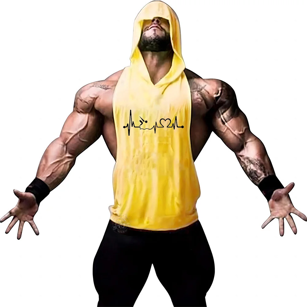 Men's sleeveless T-shirt Fitness training Outdoor quick-drying breathable printed hooded vest Simple multi-colored top