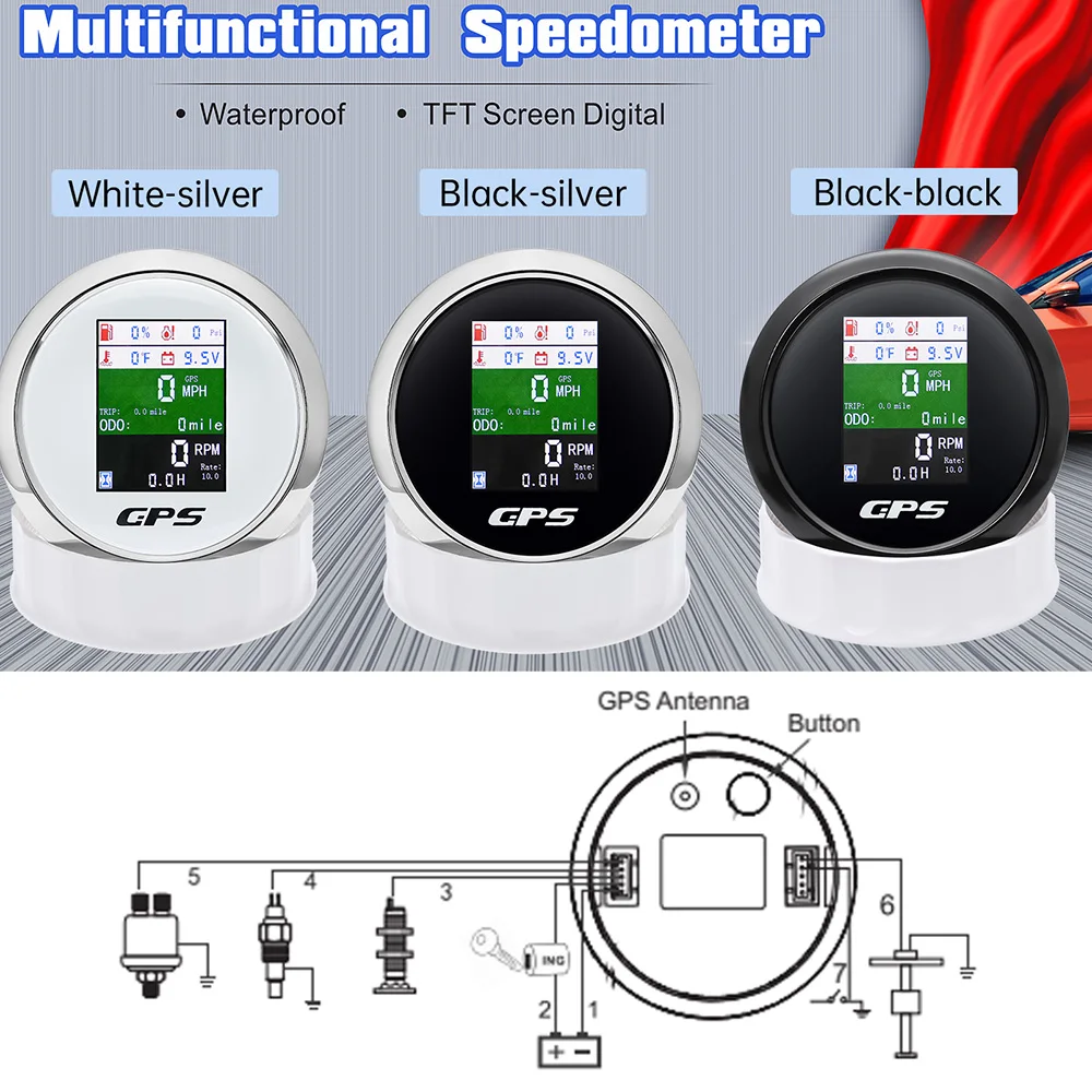 85mm Waterproof 6 in 1 GPS Speedometer With Antenna  Fuel Level Water Temp Oil Pressure With Alarm For Car Boat Marine Motorcycl