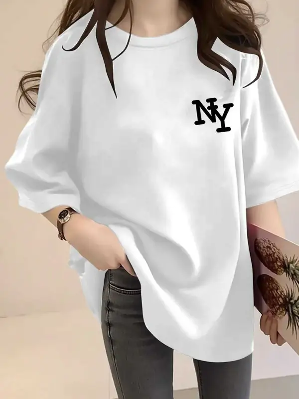 Female Elegant Women'S Loose Drop Shoulder Short Sleeve T-Shirt with Alphabet Print | Spring/Summer 2026 Casual Versatile Style - Image 2
