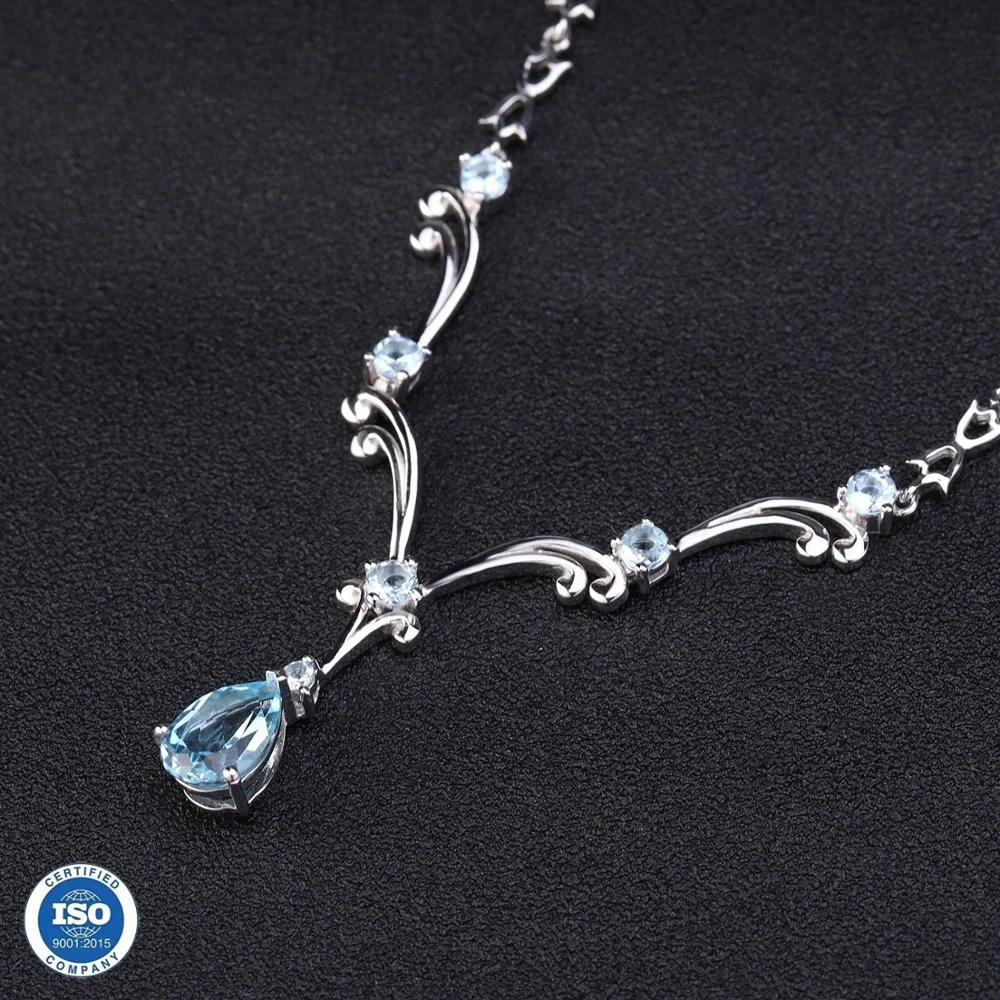Luxury 925 Sterling Silver Statement Pendant Necklace-Natural Sky Blue Topaz Jewelry for Ladies