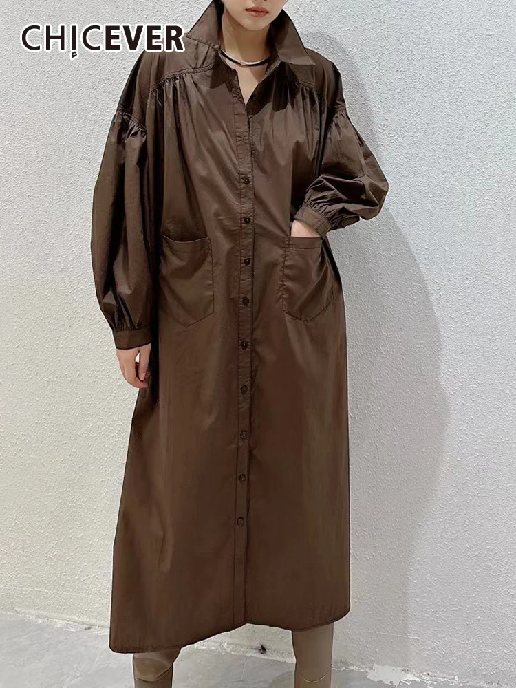 

CHICEVER Solid Loose Dresses For Women Lapel Long Sleeve Single Breasted Patchwork Pockets Spring Casual Midi Dress Female New