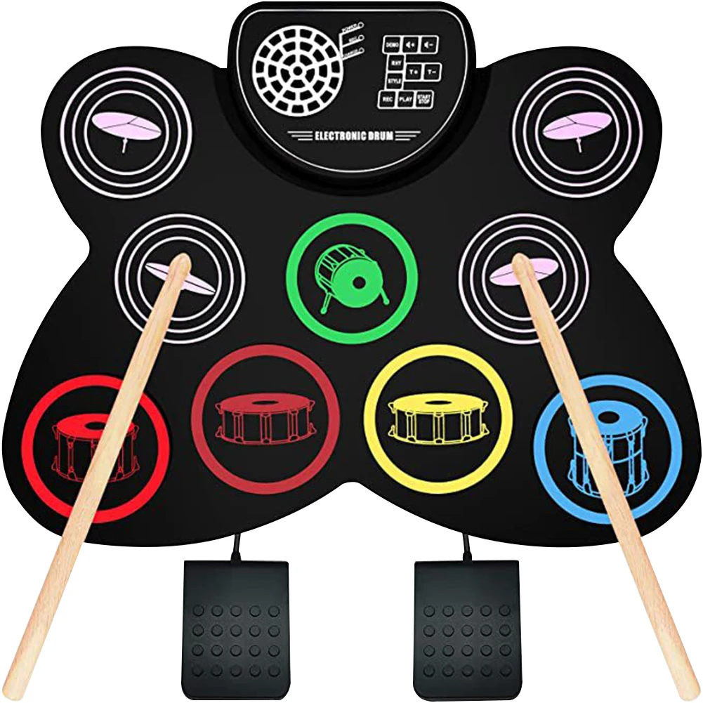 9 Pads Stereo Electronic Drum with Drumsticks Foot Pedals Portable Built-in Stereo Speakers Christmas Birthday Gift for Kids
