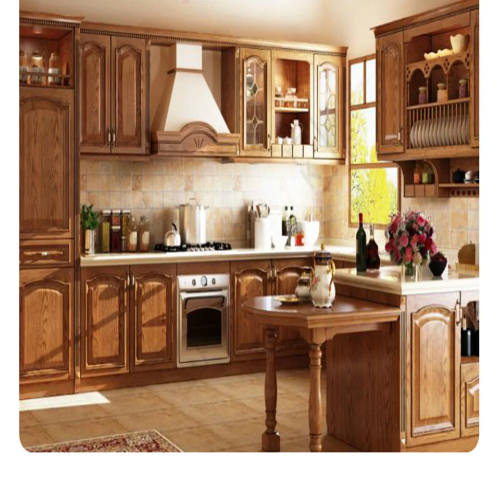 Factory Price Luxury Solid Wood Kitchen Design Elegant Kitchen Roman Style Made in China