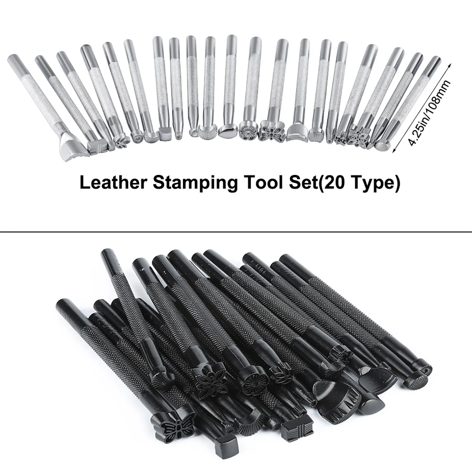20Pcs Leather Carving Tools Leather Stamping Tools Metal Processing Saddle Stamping Set Wooden Craft Rack Kit
