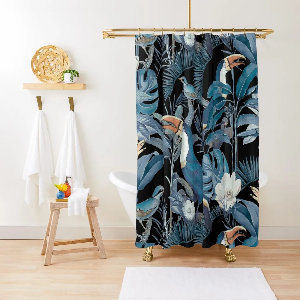 

Midnight Jungle Tropical Toucan Birds Illustration Shower Curtain Waterproof Shower Bathroom Accessorys Bathroom Decor Curtain