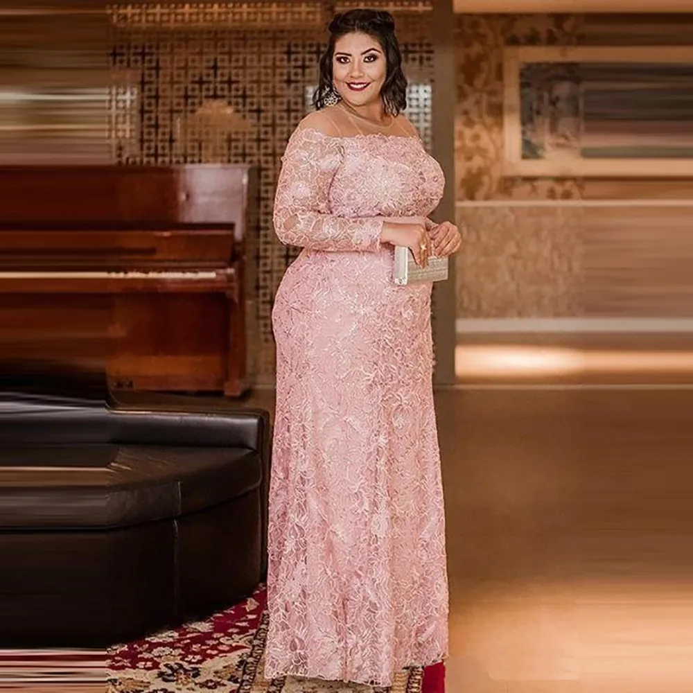 

Lace Mother Of The Bride Dresses Plus Size Appliques Pink Jewel Neck Long Sleeves Sheath Formal Dinner Dresses For Women