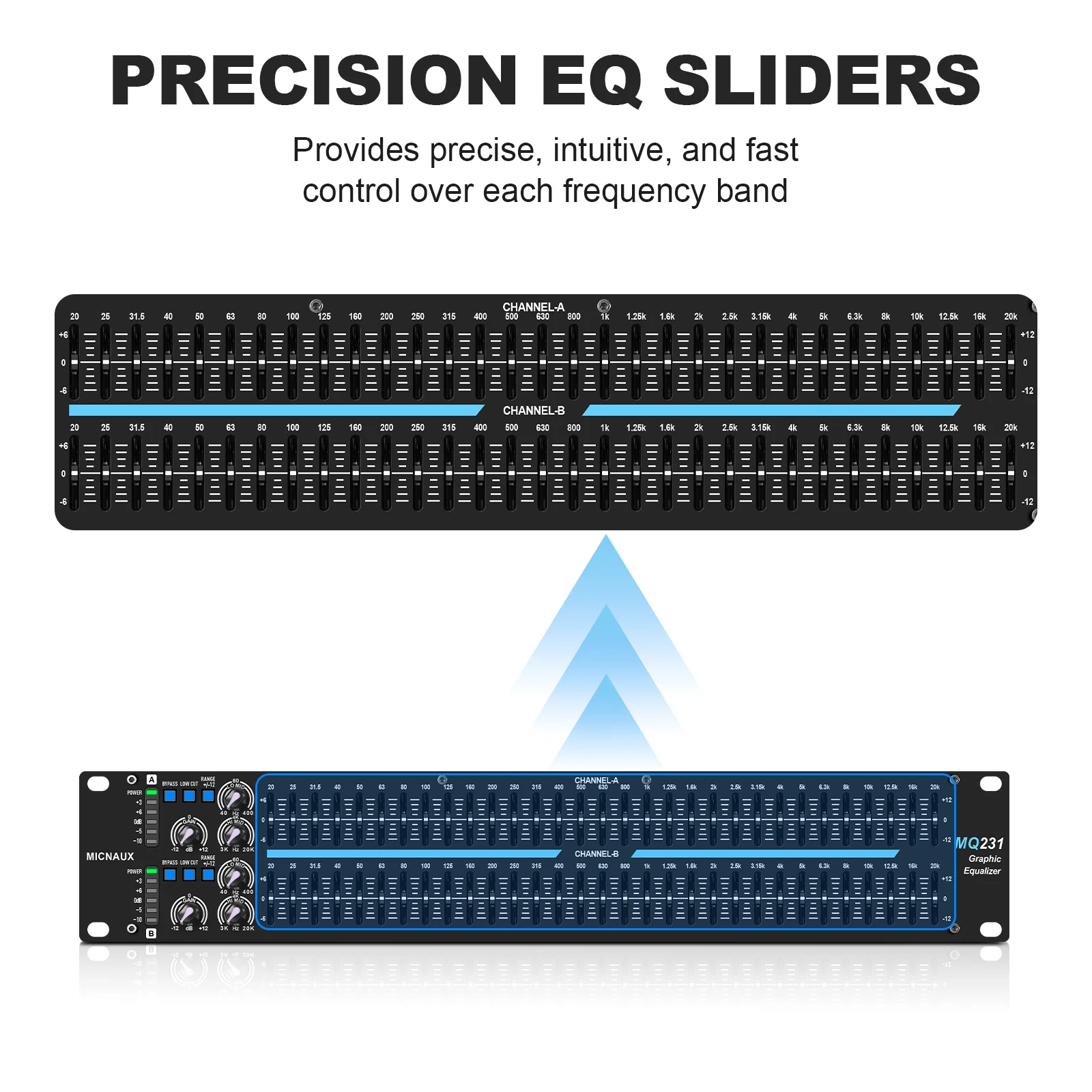 풀로데 듀얼 채널 31밴드 스테레오 그래픽 이퀄라이저 XLR 및 6.5MM 입력 출력 정밀 EQ 슬라이더 (홈 오디오 시스템용)