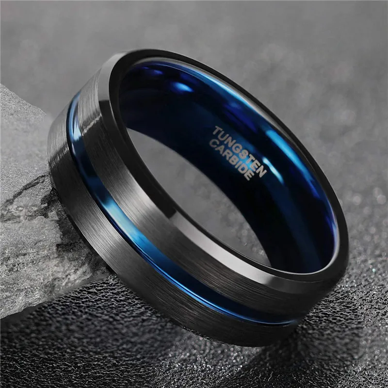 Somen Mens Wedding Ring 6/8/10mm Tungsten Black With Blue Groove/ Inside Matte Brushed Engagement Wedding Ring Men Bague Homme 2