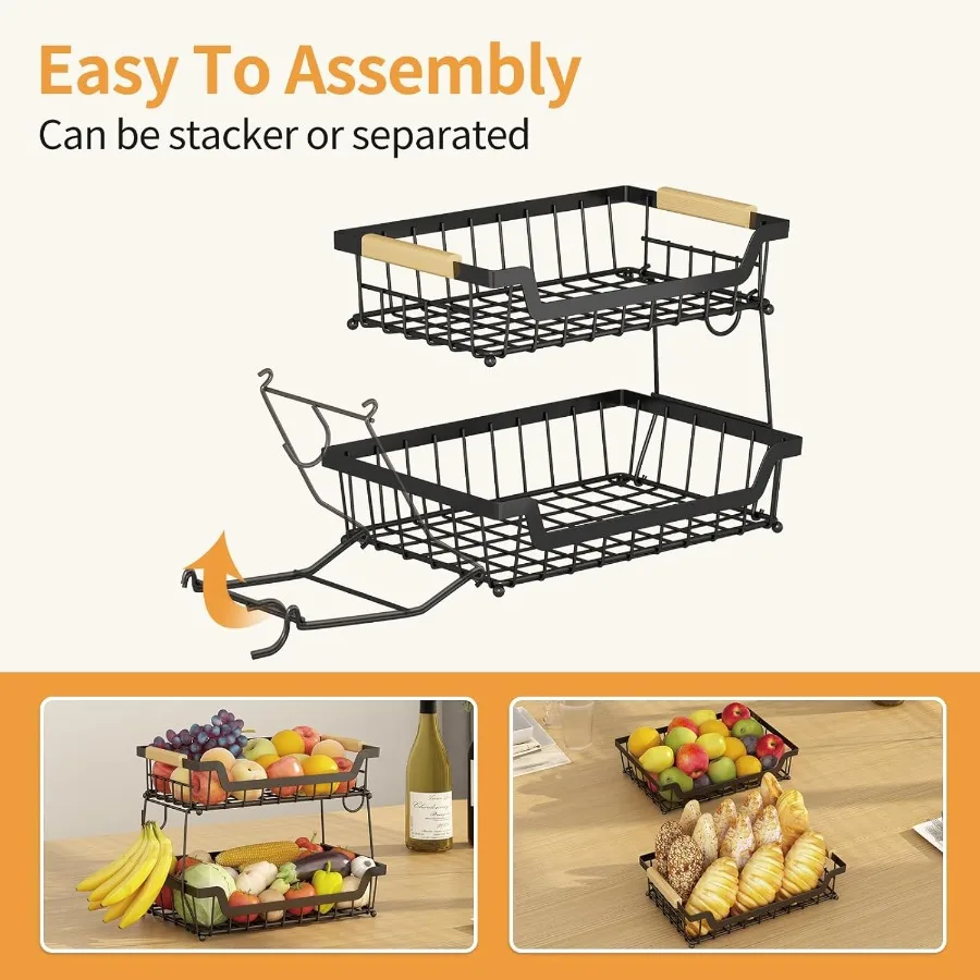2 Tier Countertop Fruit Basket with 2 Banana Hangers for Kitchen Detachable Metal Organizer for Bread Vegetable Fruits with Woo