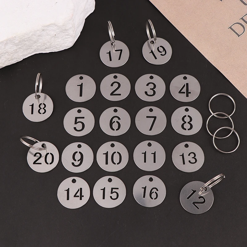 Key Fob Ring Label 20 Pcs Stainless Steel Number Plate Key Label Tags Chain Labels Round Rings Suitcase Identifiers Hanging Keys Numbered