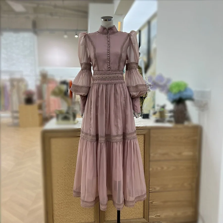 Elegant Long Dress Fairy Style Stand Up Collar Lantern Sleeves Splicing Waist Fashion Dresses Women 2025 Spring Autumn 1351