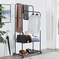 Rolling Clothes Rail Rack Garment Cloth Hanging Rack with 2 Tier Storage Shelves 2